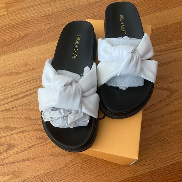 CHASE AND CHLOE Camille Slide Sandal Women 7 WHITE  Puffy Knot 2-2.25 Platform - Picture 4 of 7